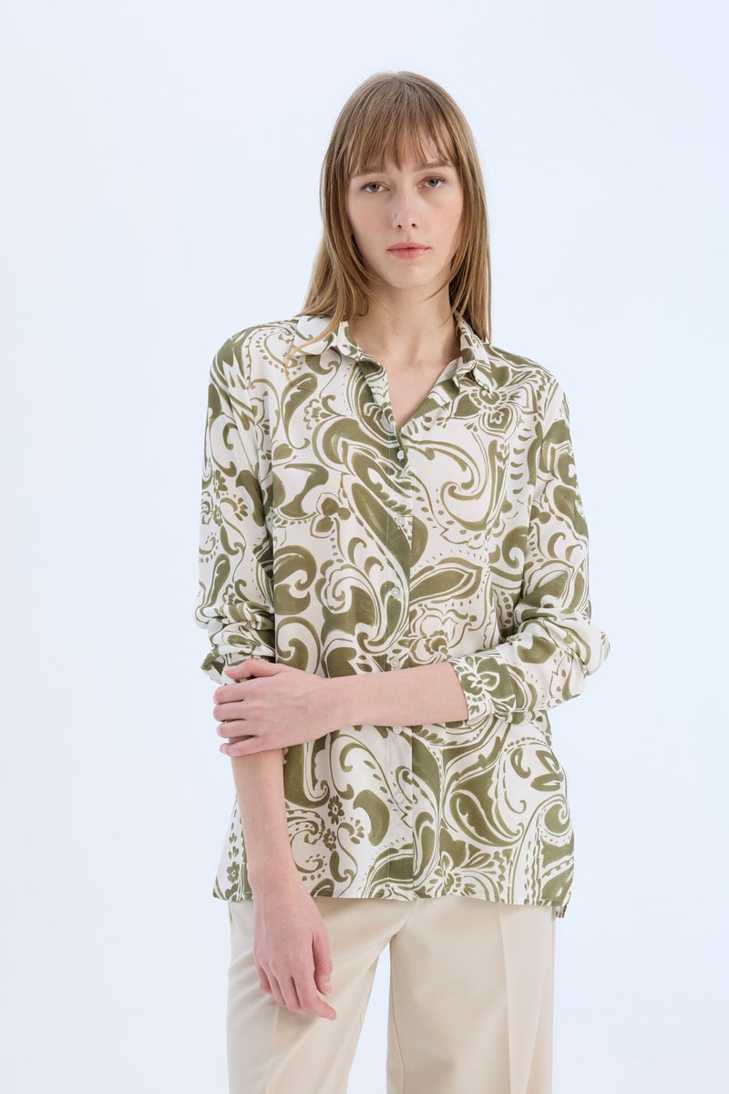 DeFacto Green Woman Oversize Shirt Collar Printed Long Sleeve Tunic Casual - Image 3
